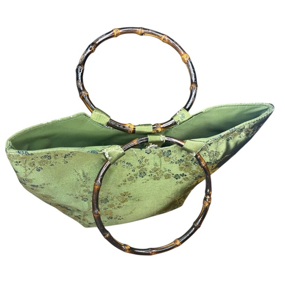 Oriental Floral Embroidered Purse Zipper Top Faux Silk Bamboo Handles - Picture 4 of 8